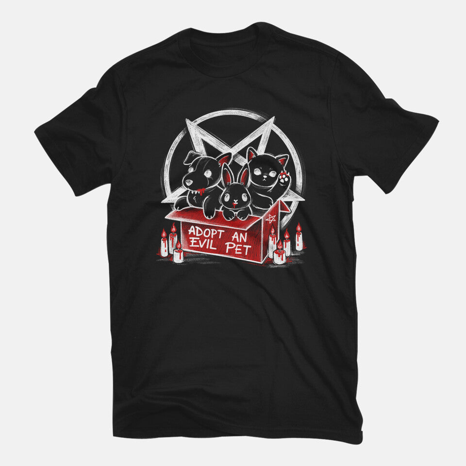 Adopt An Evil Pet – Cat Graphic T-Shirt in black, flat-lay product view