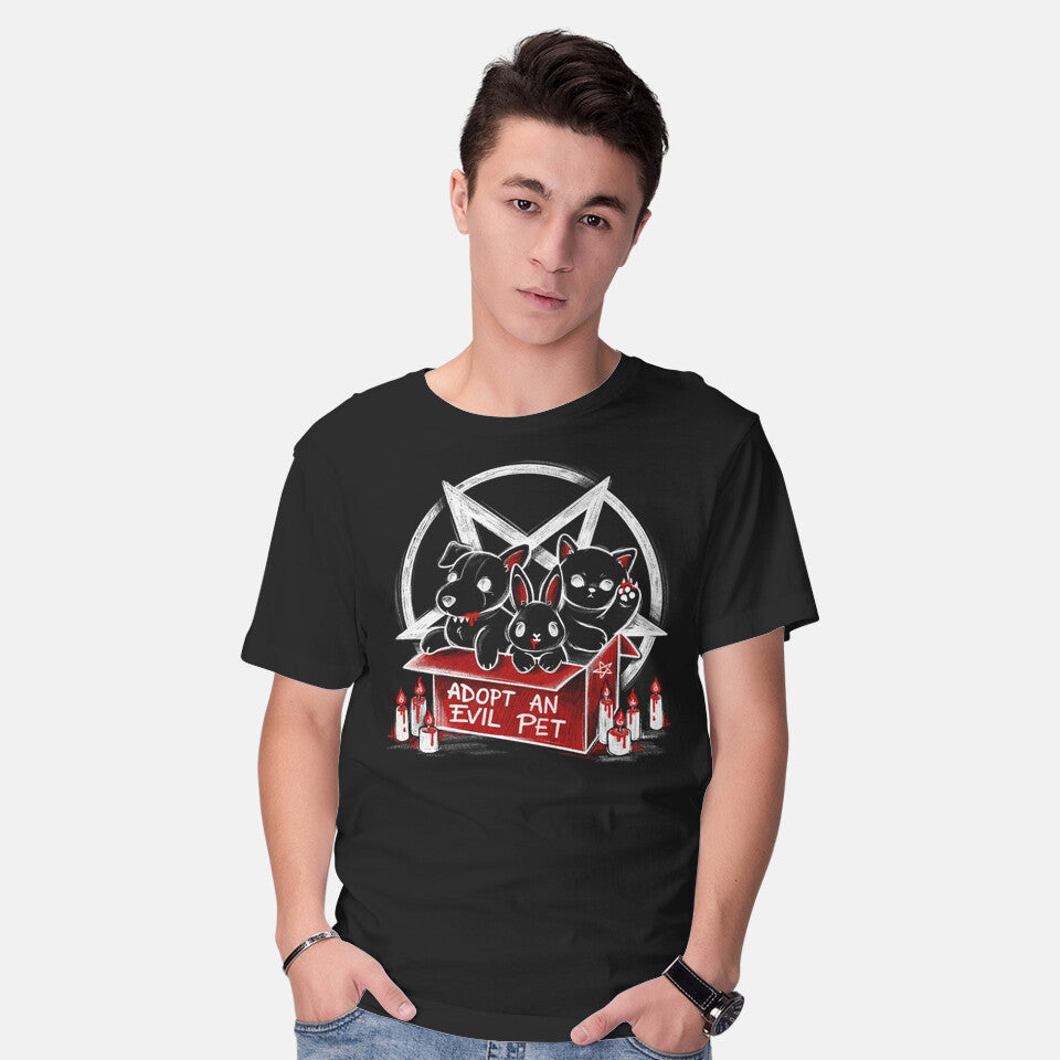 Model wearing black Adopt An Evil Pet – Cat Graphic T-Shirt