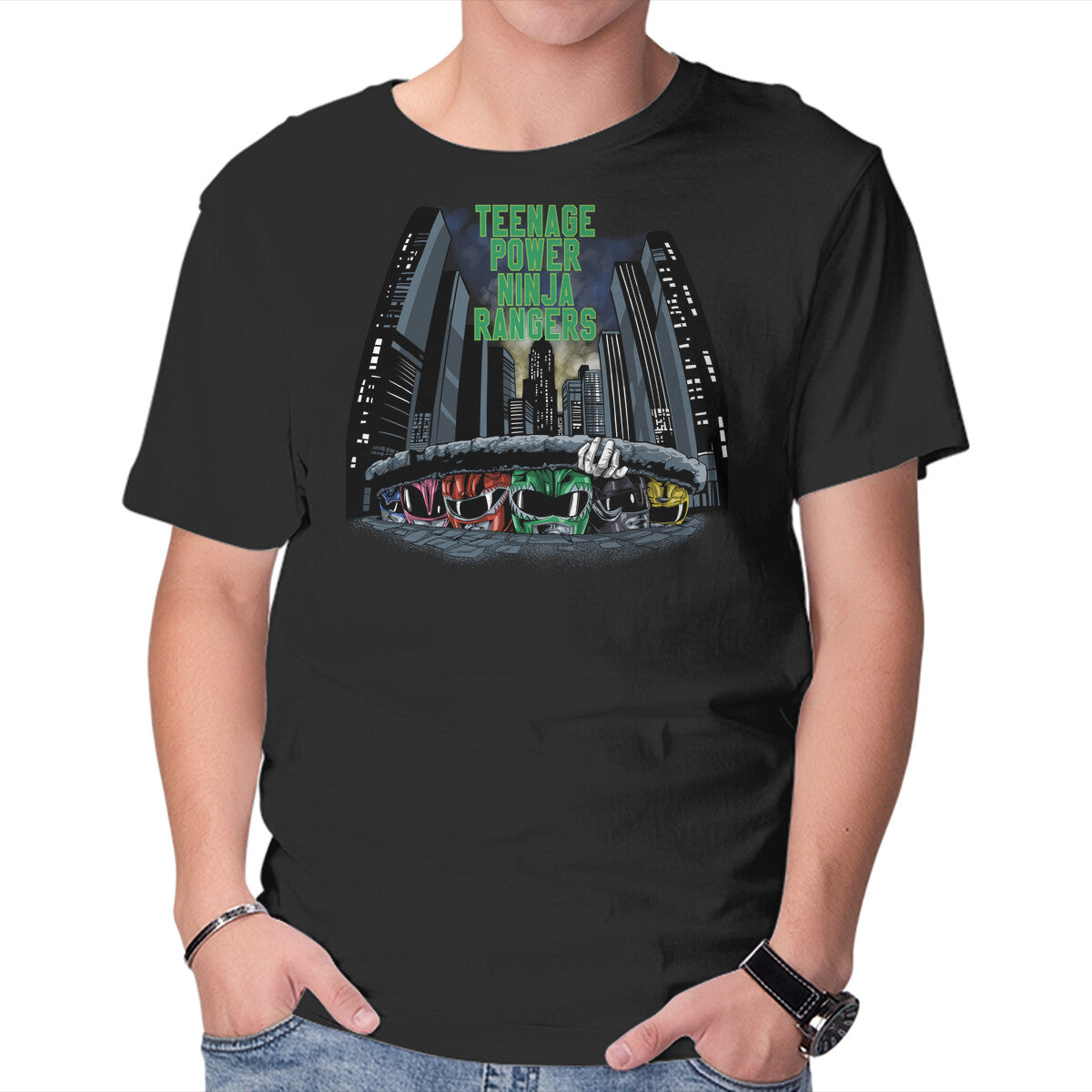Teenage Power Ninja Rangers Graphic T-Shirt in black, product display