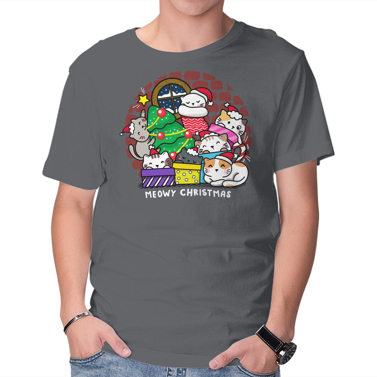 Merry Catmas – Cat Graphic T-Shirt in charcoal, product display