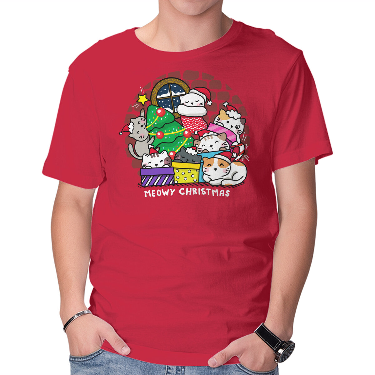 Merry Catmas – Cat Graphic T-Shirt in red, product display