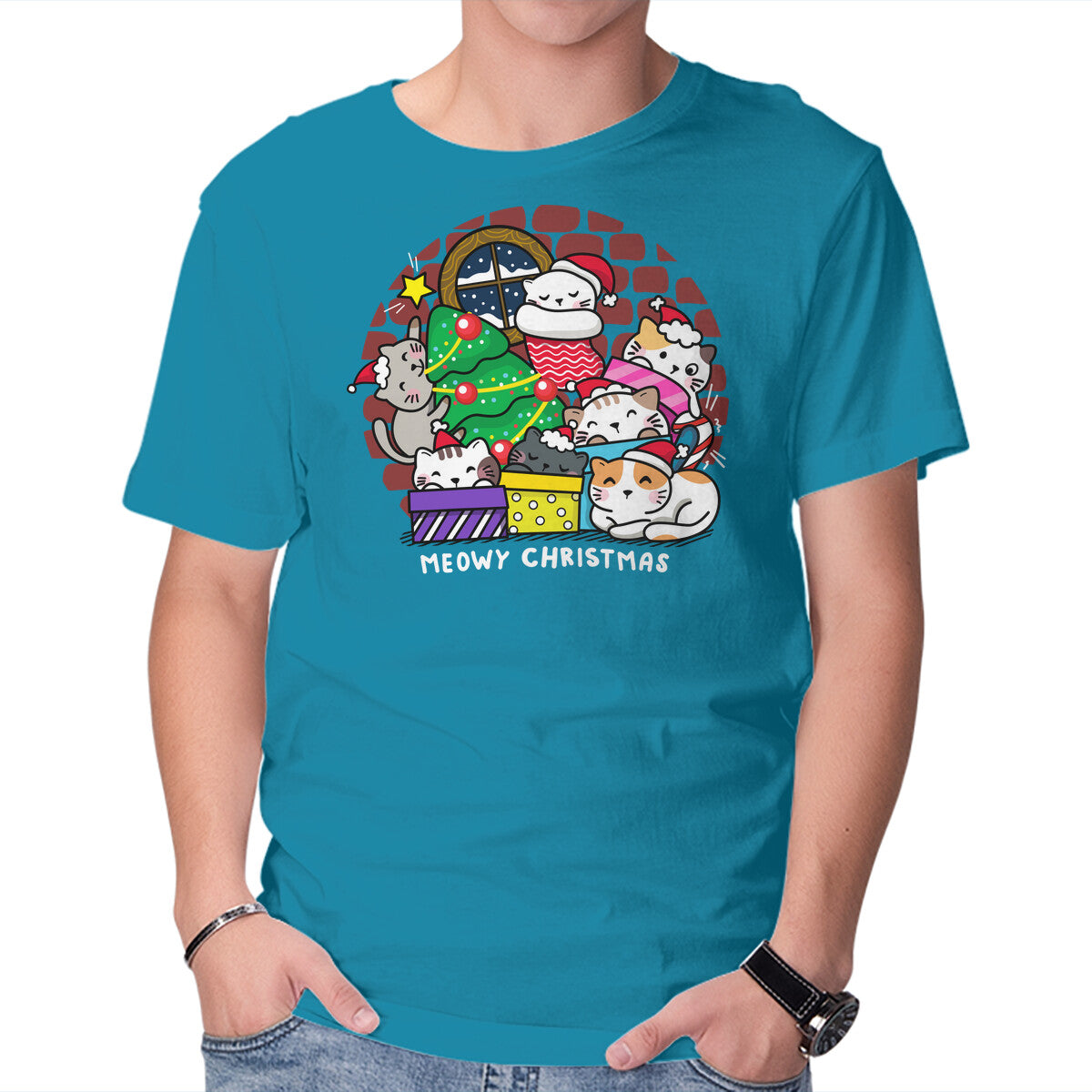 Merry Catmas – Cat Graphic T-Shirt in turquoise, product display