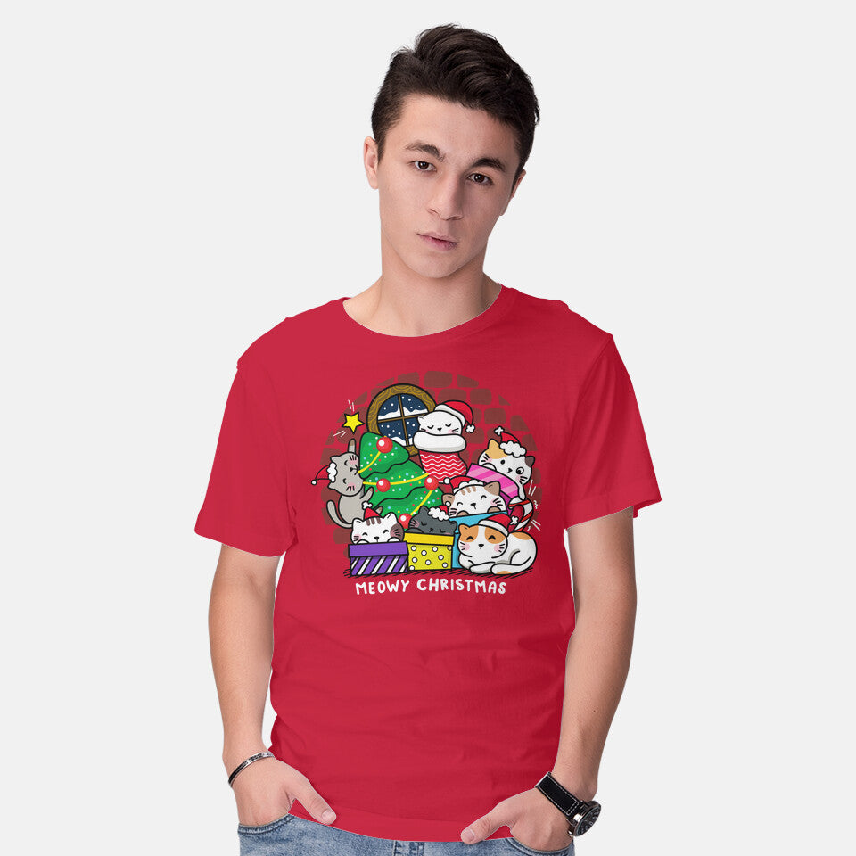 Model wearing red Merry Catmas – Cat Graphic T-Shirt