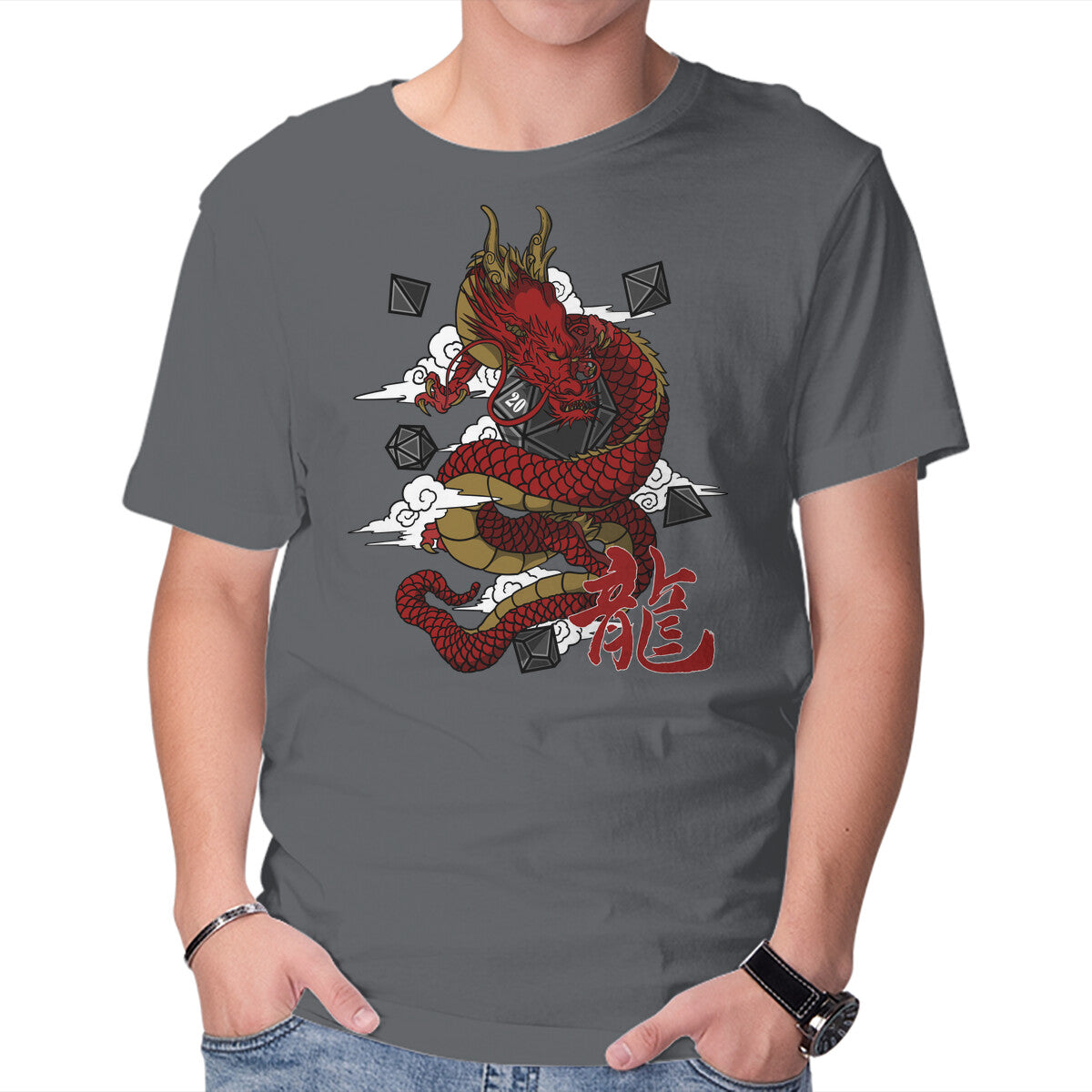 The Dice Dragon – Gaming Graphic T-Shirt in charcoal, product display