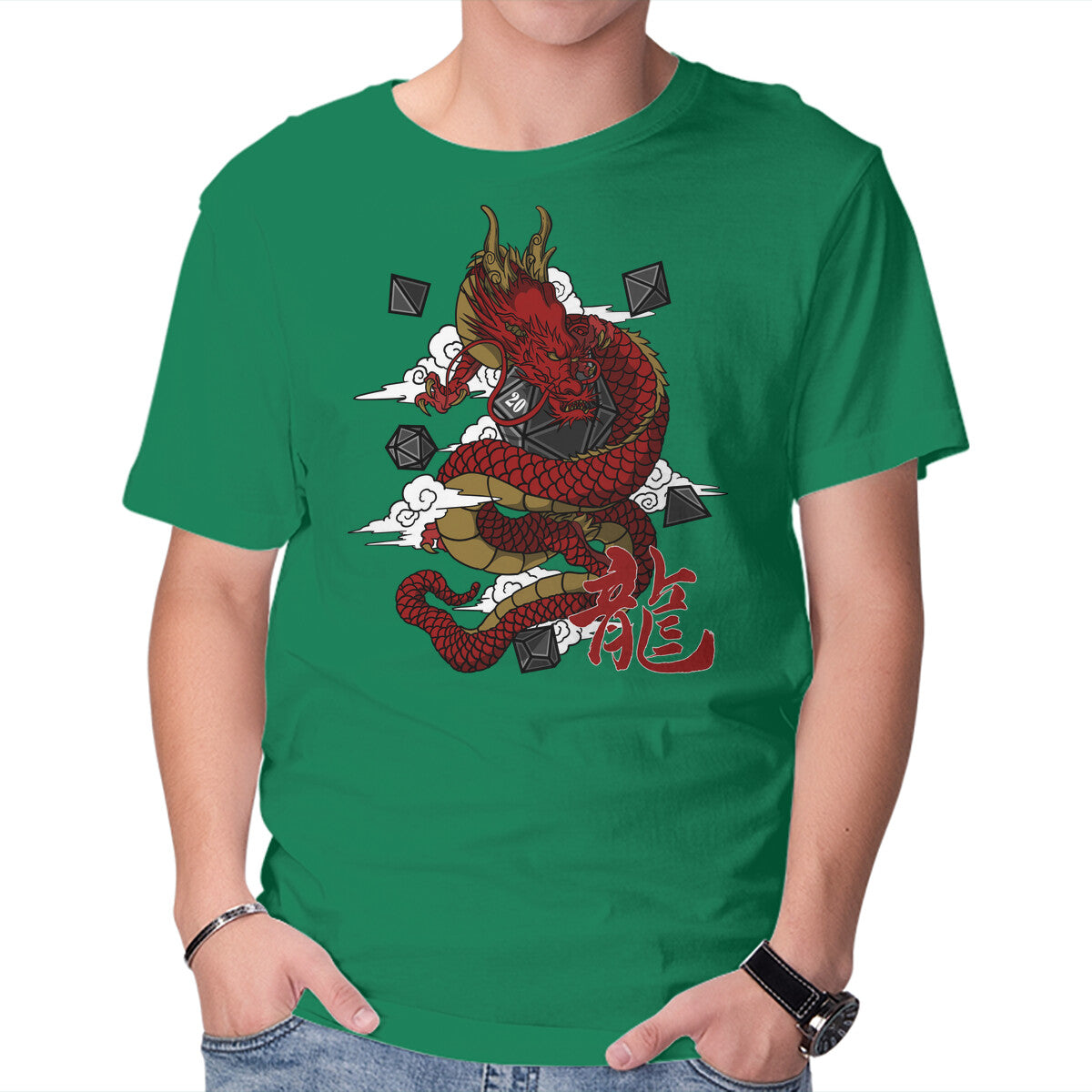 The Dice Dragon – Gaming Graphic T-Shirt in green, product display