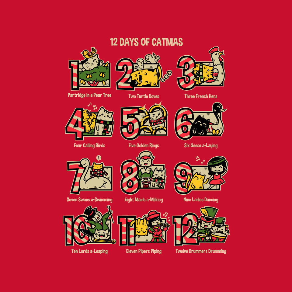 12 Days Of Catmas – Cat Graphic T-Shirt design artwork for red graphic T-shirt