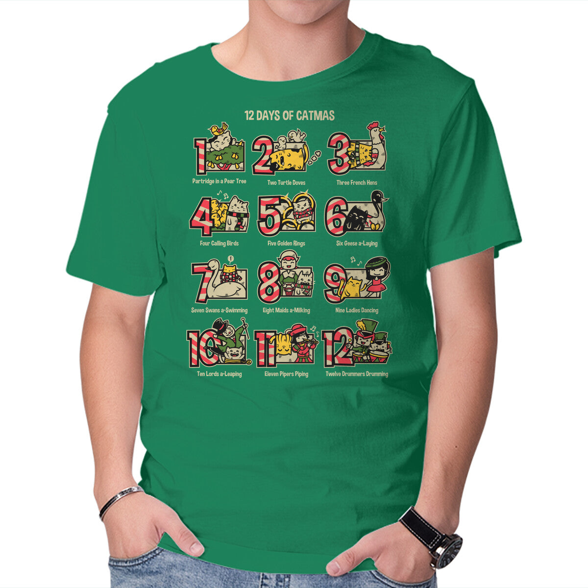 12 Days Of Catmas – Cat Graphic T-Shirt in green, product display