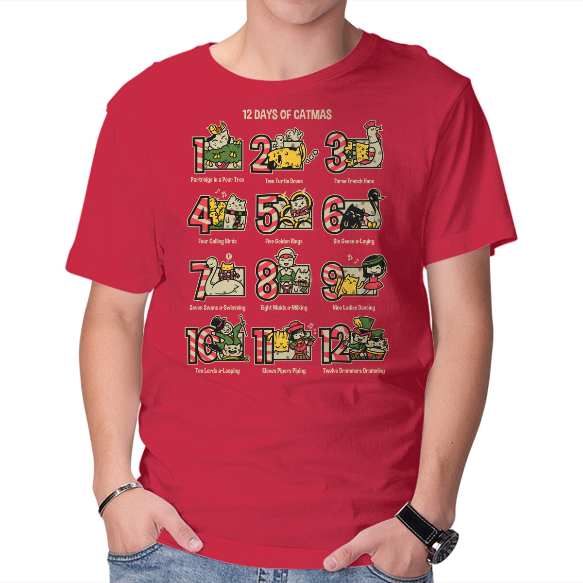 12 Days Of Catmas – Cat Graphic T-Shirt in red, product display