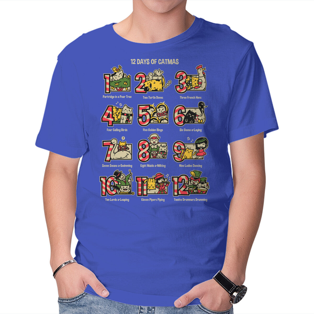 12 Days Of Catmas – Cat Graphic T-Shirt in royal blue, product display