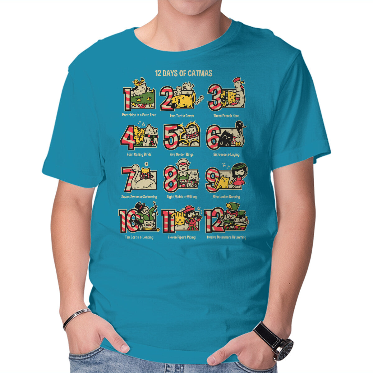 12 Days Of Catmas – Cat Graphic T-Shirt in turquoise, product display