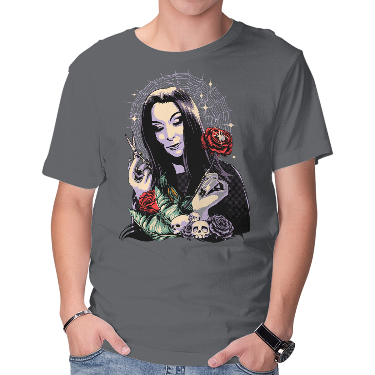 Sweet Morticia – Fantasy Graphic T-Shirt in charcoal, product display