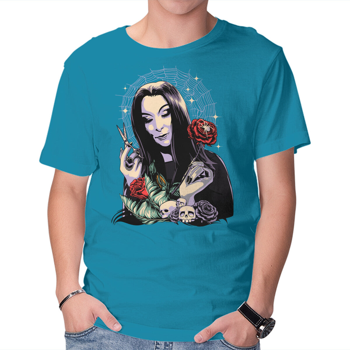 Sweet Morticia – Fantasy Graphic T-Shirt in turquoise, product display