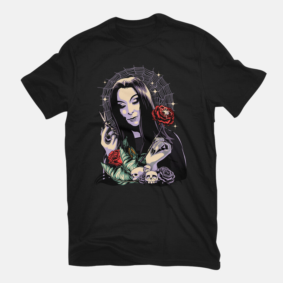 Sweet Morticia – Fantasy Graphic T-Shirt in black, flat-lay product view
