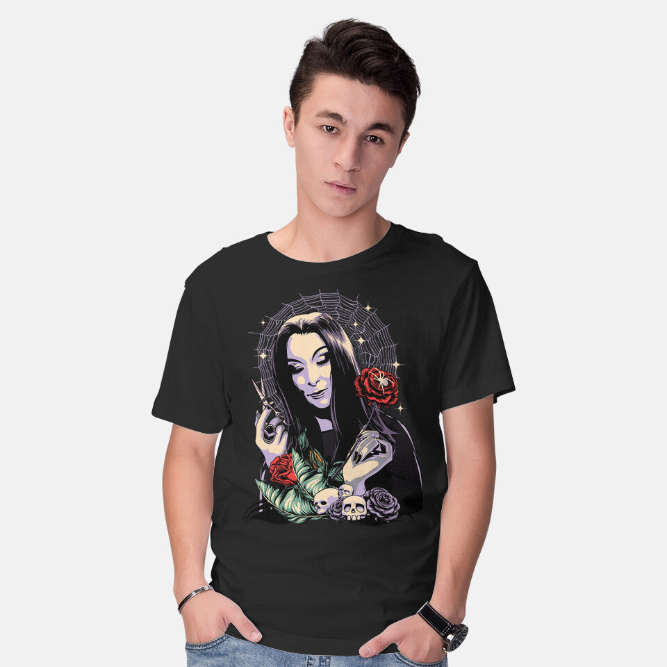 Model wearing black Sweet Morticia – Fantasy Graphic T-Shirt