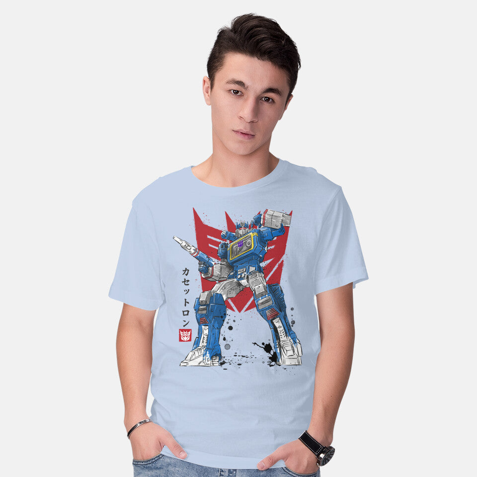 Model wearing blue Sound Sumi-E – Sci-Fi Graphic T-Shirt