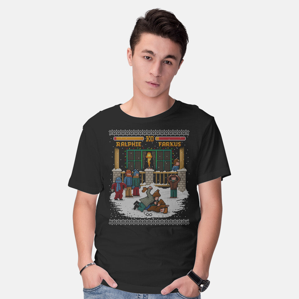 Model wearing black The Christmas Fight – Movie Graphic T-Shirt