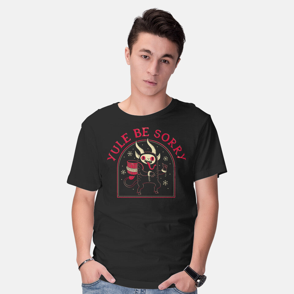 Model wearing black Yule Be Sorry – Horror Graphic T-Shirt