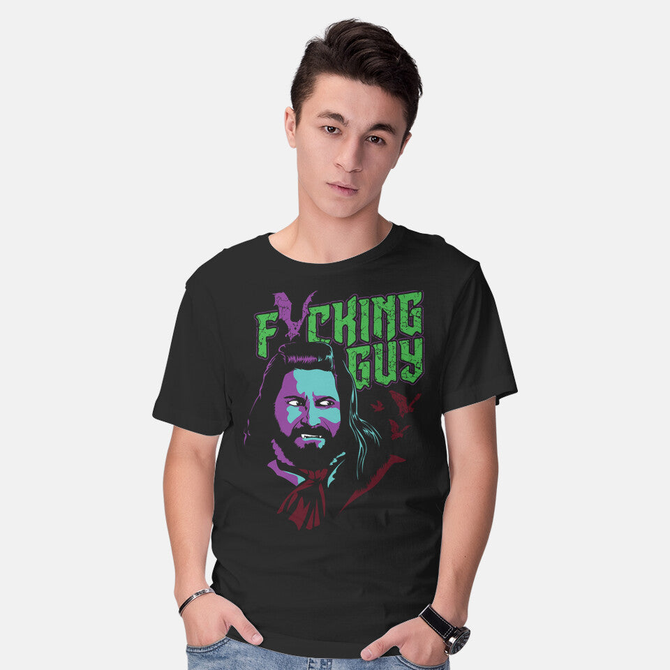 Model wearing black Fricking Guy – Fantasy Graphic T-Shirt
