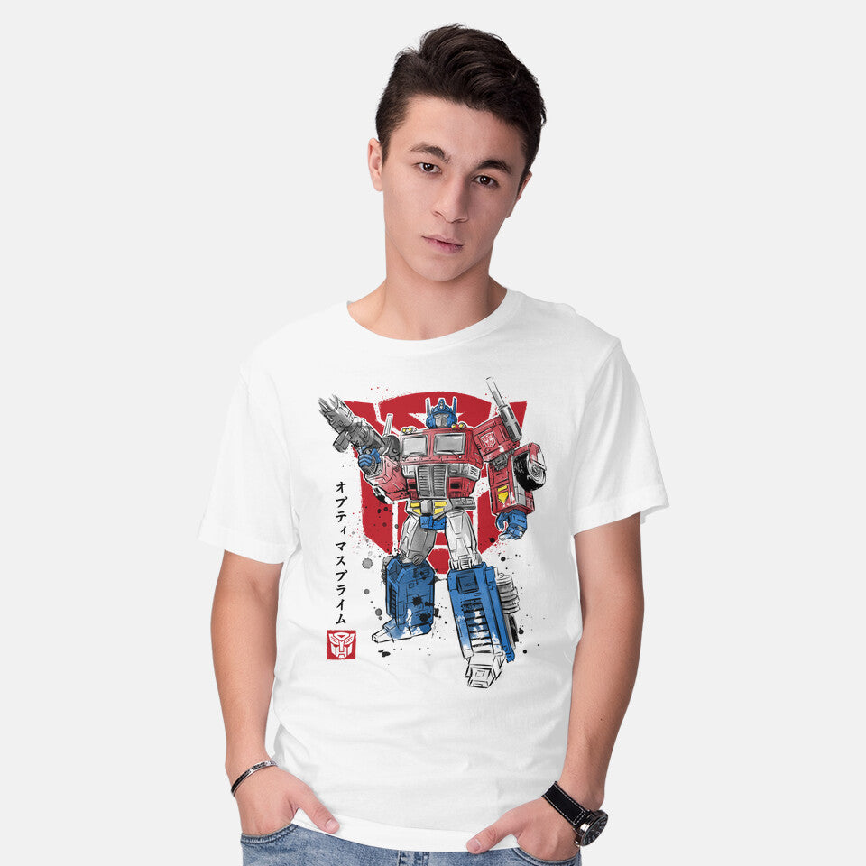 Model wearing white Prime Sumi-E – Sci-Fi Graphic T-Shirt