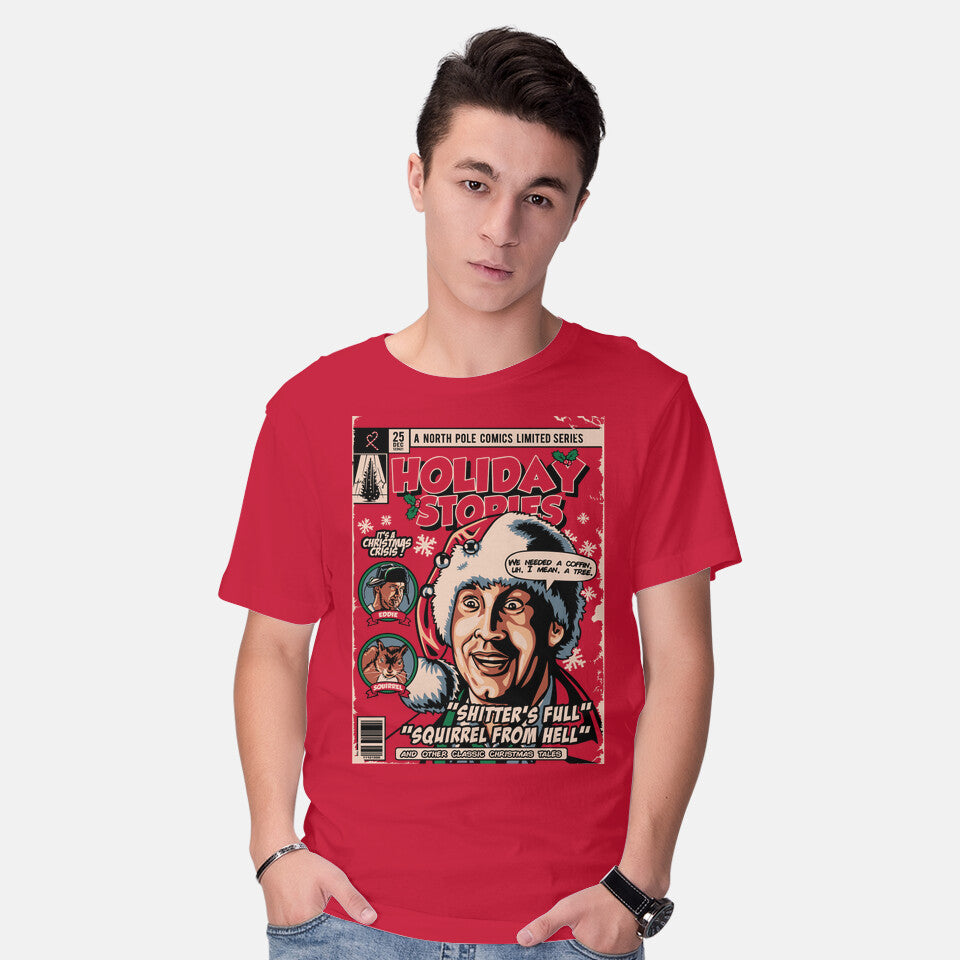 Model wearing red Holiday Stories Vol. 1 – Movie Graphic T-Shirt