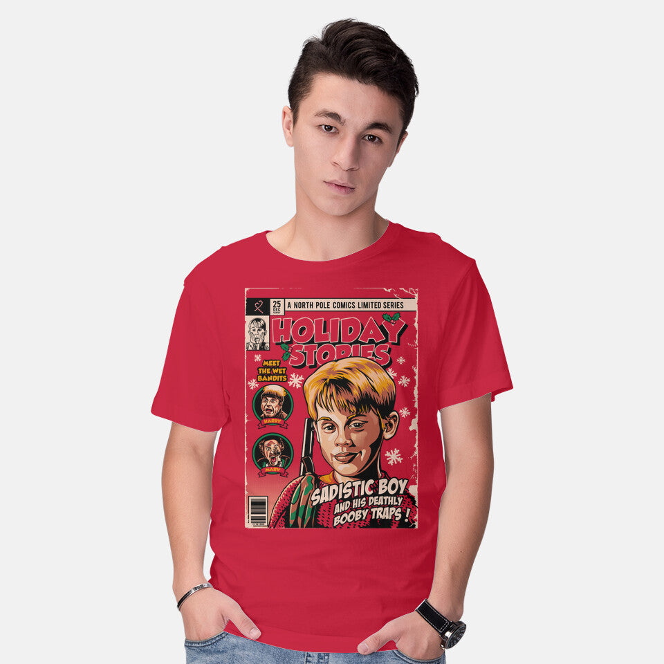 Model wearing red Holiday Stories Vol. 2 – Movie Graphic T-Shirt