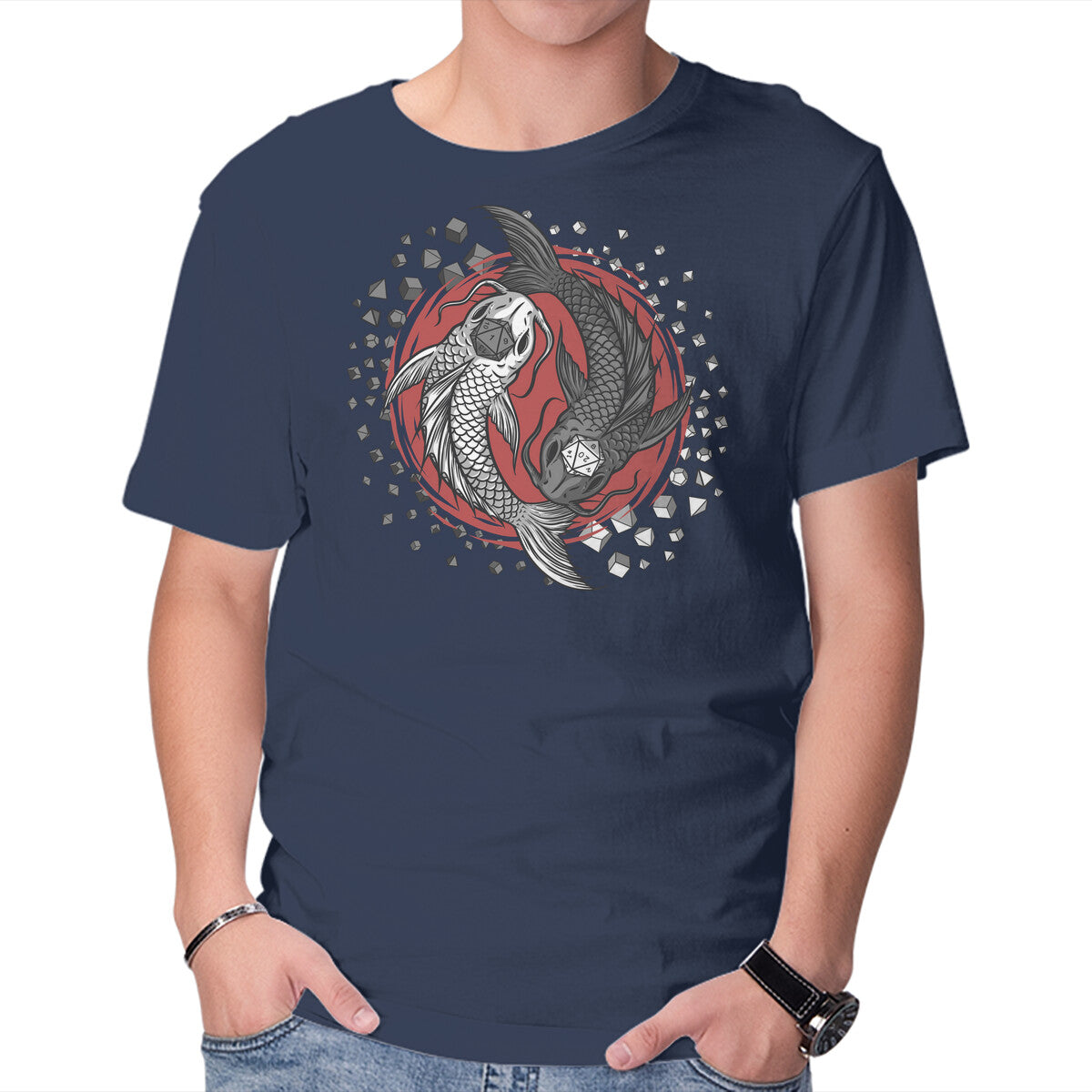 Dice Fish – Gaming Graphic T-Shirt in navy, product display