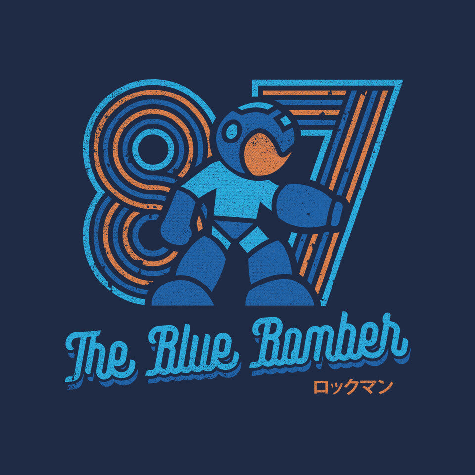 The Blue Bomber – Gaming Graphic T-Shirt design artwork for navy graphic T-shirt