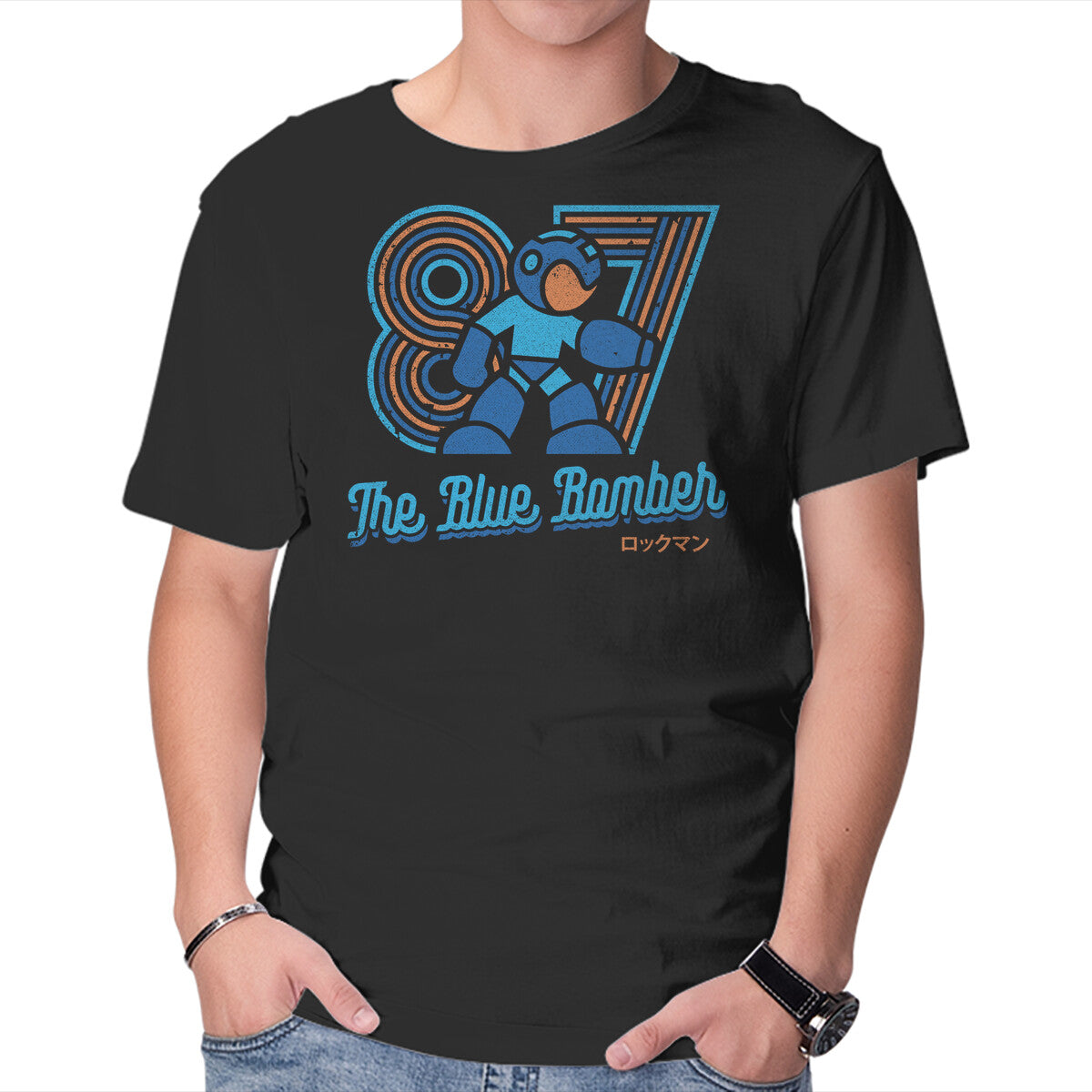 The Blue Bomber – Gaming Graphic T-Shirt in black, product display