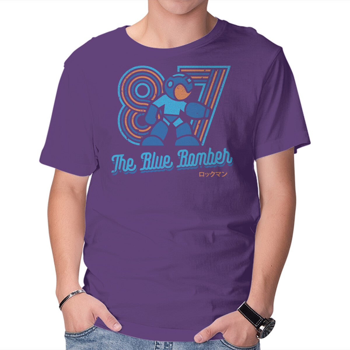 The Blue Bomber – Gaming Graphic T-Shirt in purple, product display