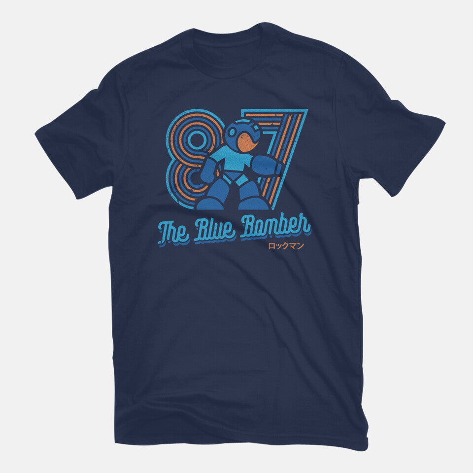 The Blue Bomber – Gaming Graphic T-Shirt in navy, flat-lay product view
