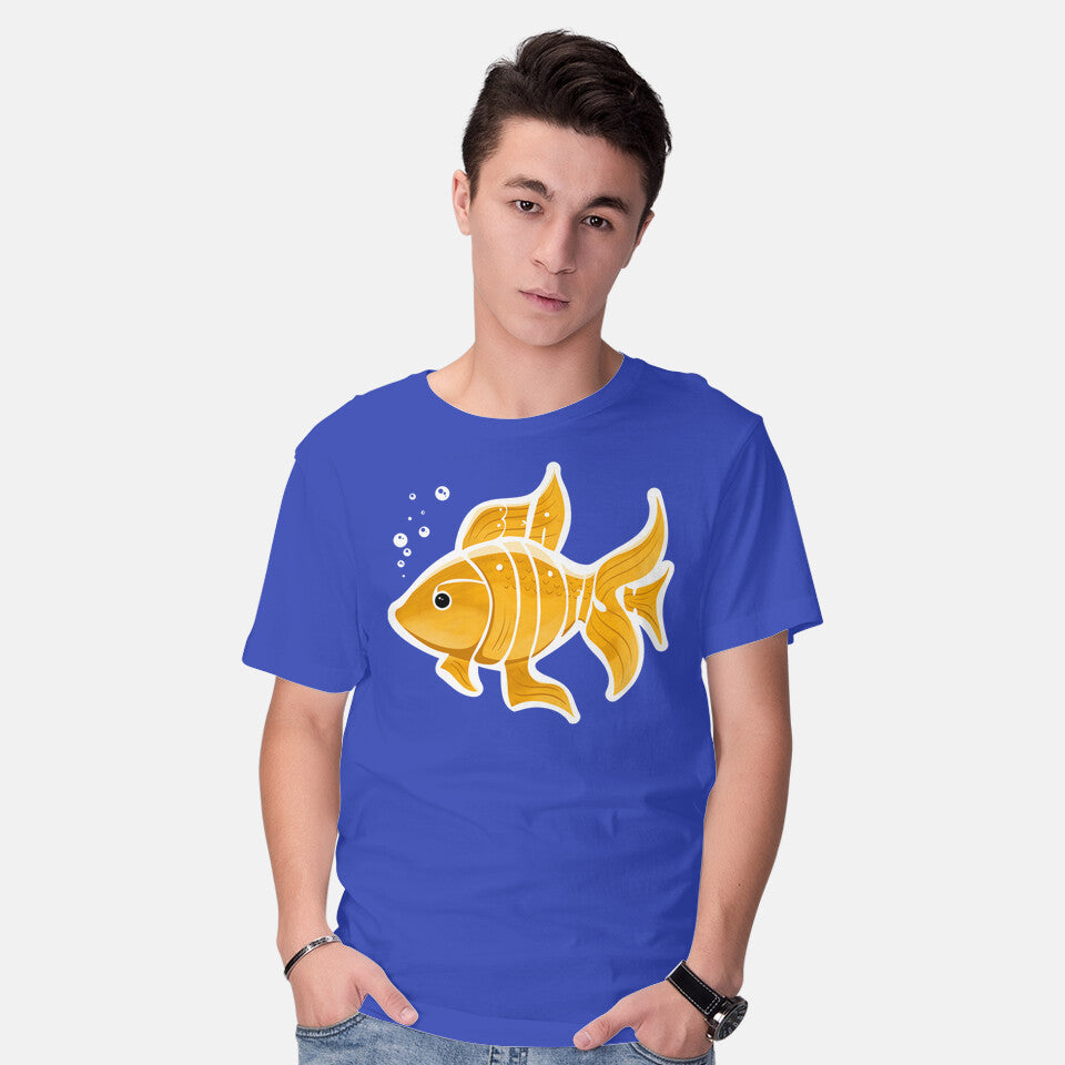 Model wearing royal blue Be A Goldfish – Animal Graphic T-Shirt
