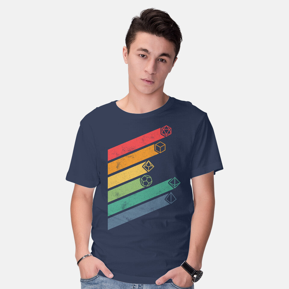 Model wearing navy Dice Stripes – Gaming Graphic T-Shirt