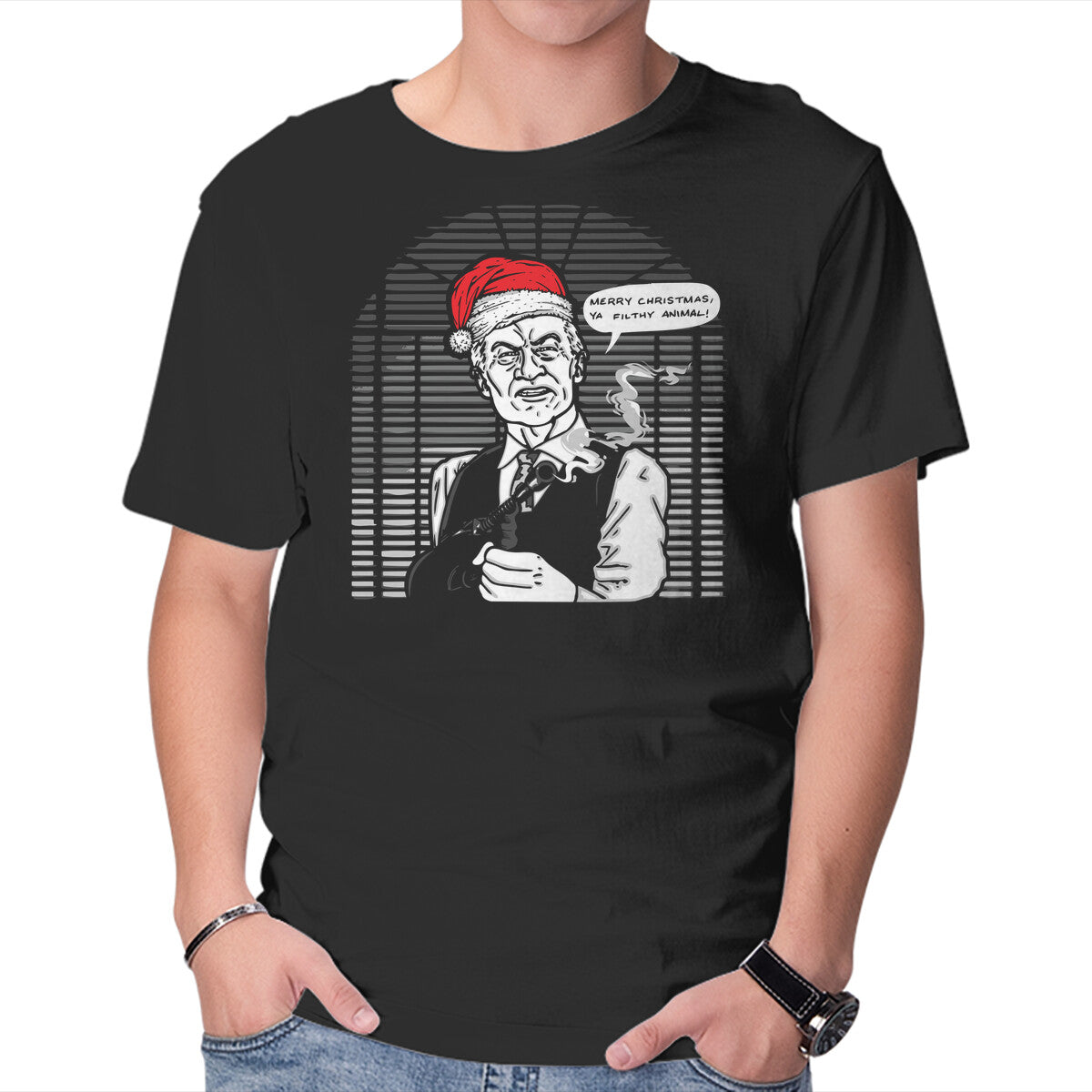 Merry Christmas. Ya Filthy Animal! – Movie Graphic T-Shirt in black, product display