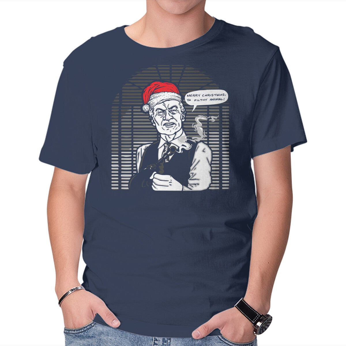 Merry Christmas. Ya Filthy Animal! – Movie Graphic T-Shirt in navy, product display