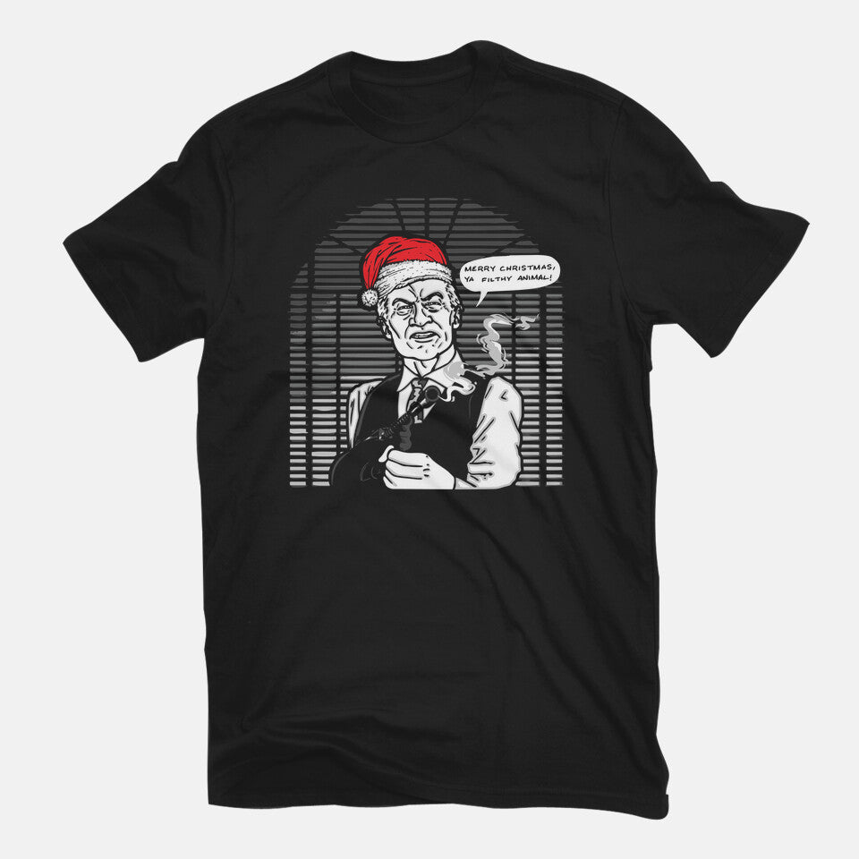 Merry Christmas. Ya Filthy Animal! – Movie Graphic T-Shirt in black, flat-lay product view