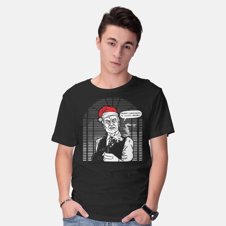 Model wearing black Merry Christmas. Ya Filthy Animal! – Movie Graphic T-Shirt