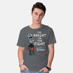 Model wearing charcoal The Knight In The Fight – Movie Graphic T-Shirt