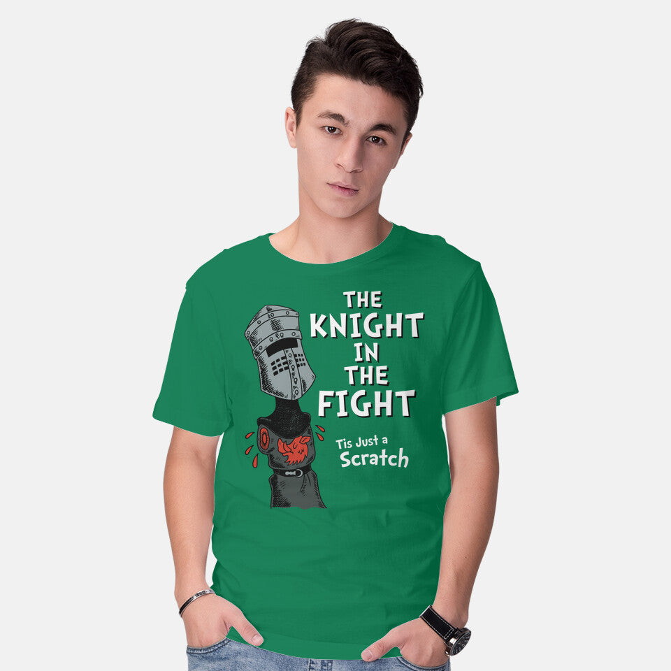 Model wearing green The Knight In The Fight – Movie Graphic T-Shirt