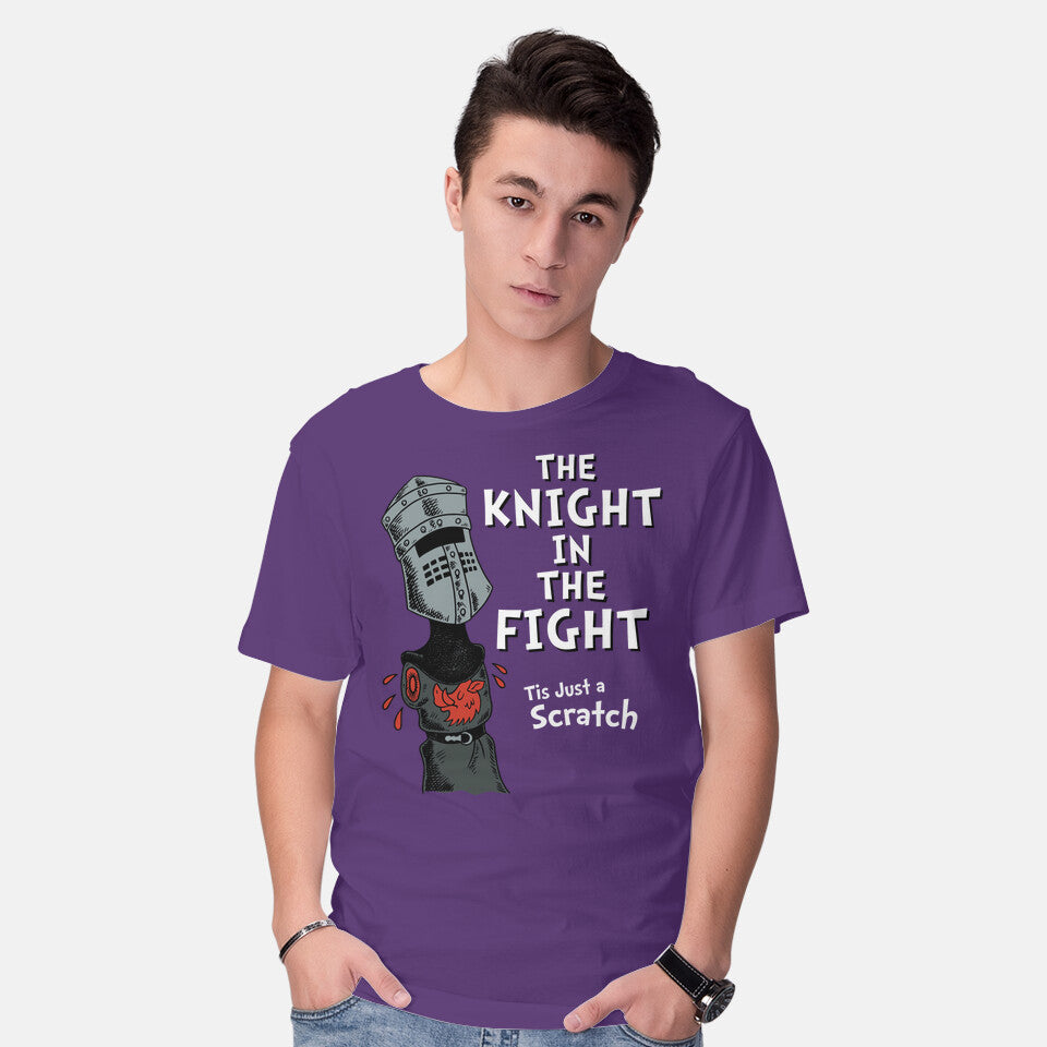 Model wearing purple The Knight In The Fight – Movie Graphic T-Shirt