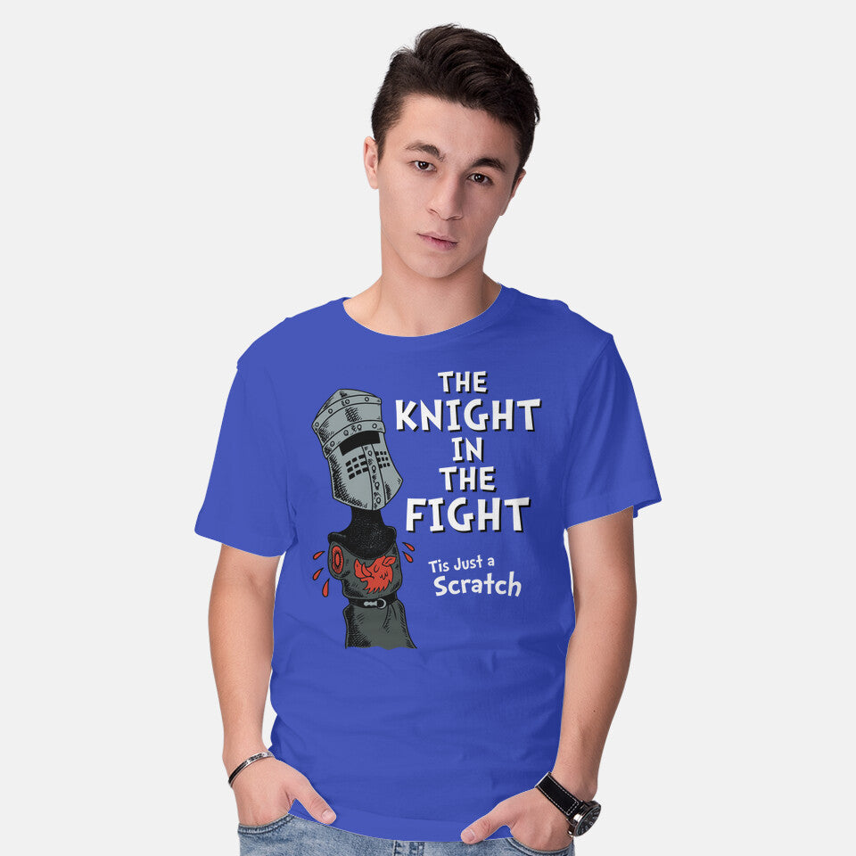 Model wearing royal blue The Knight In The Fight – Movie Graphic T-Shirt