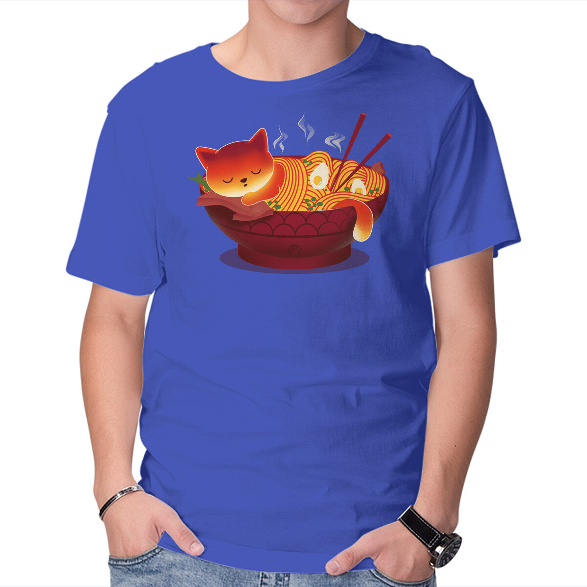 Sleepy Ramen Cat – Cat Graphic T-Shirt in royal blue, product display