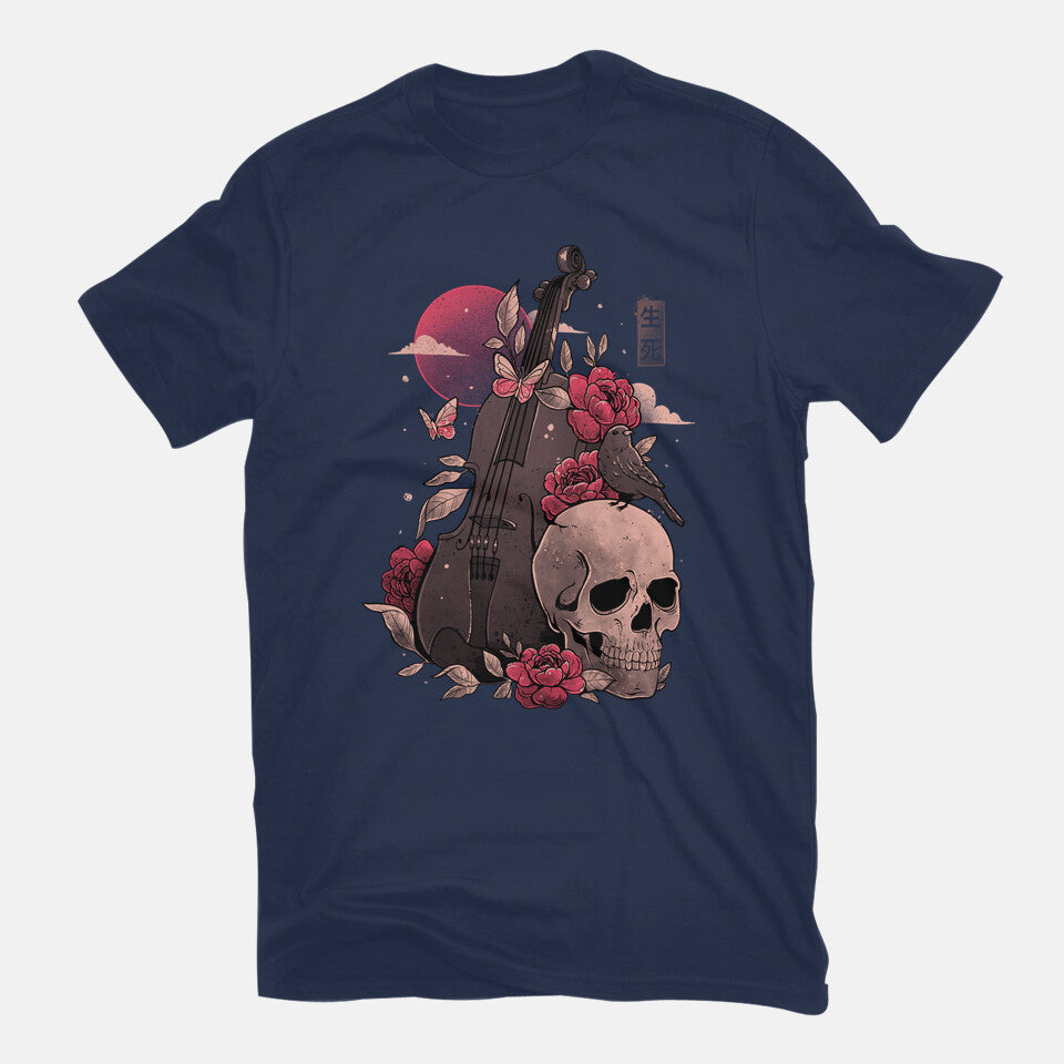 Death And Music – Horror Graphic T-Shirt in navy, flat-lay product view