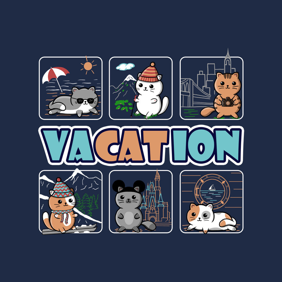 VaCATion – Cat Graphic T-Shirt design artwork for navy graphic T-shirt