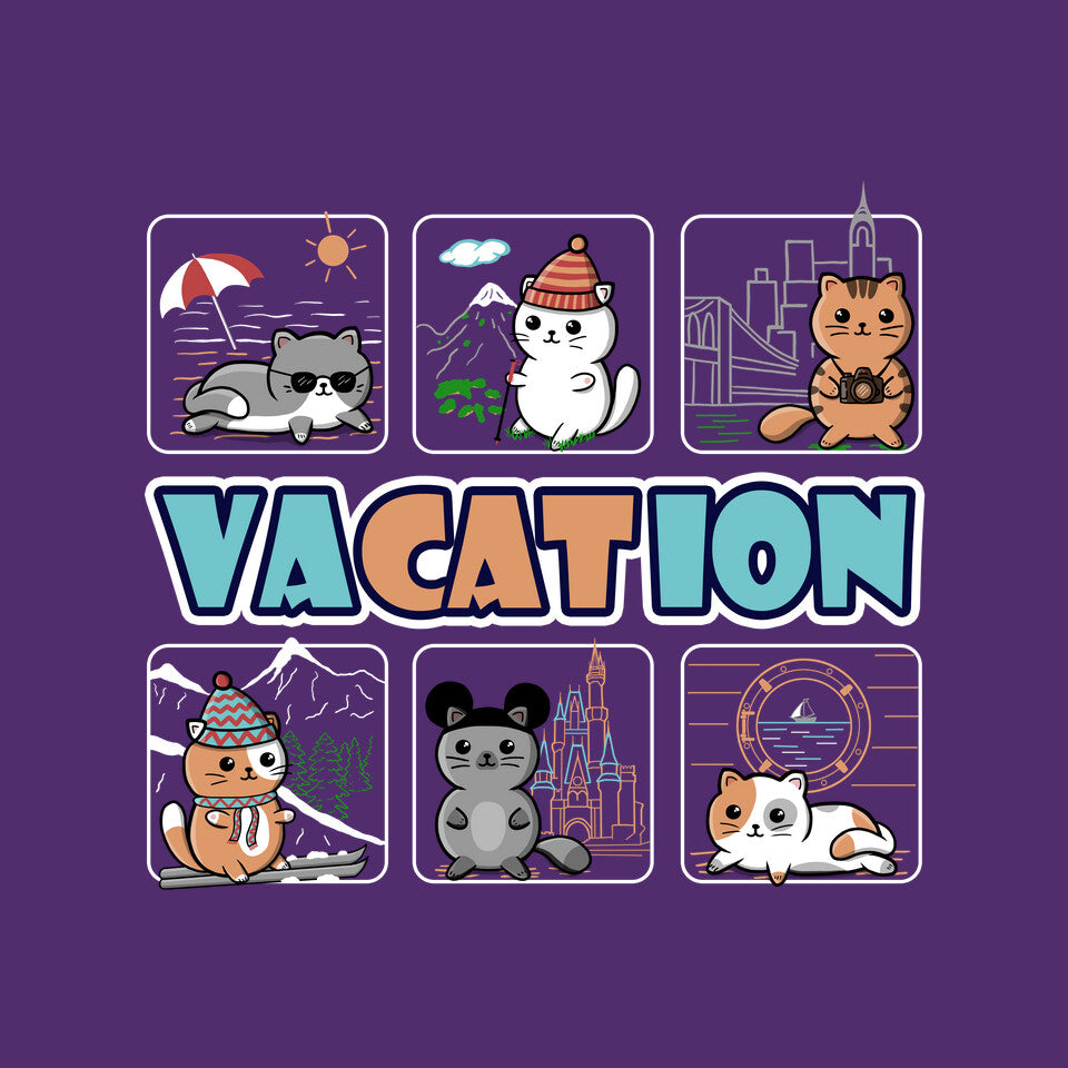VaCATion – Cat Graphic T-Shirt design artwork for purple graphic T-shirt