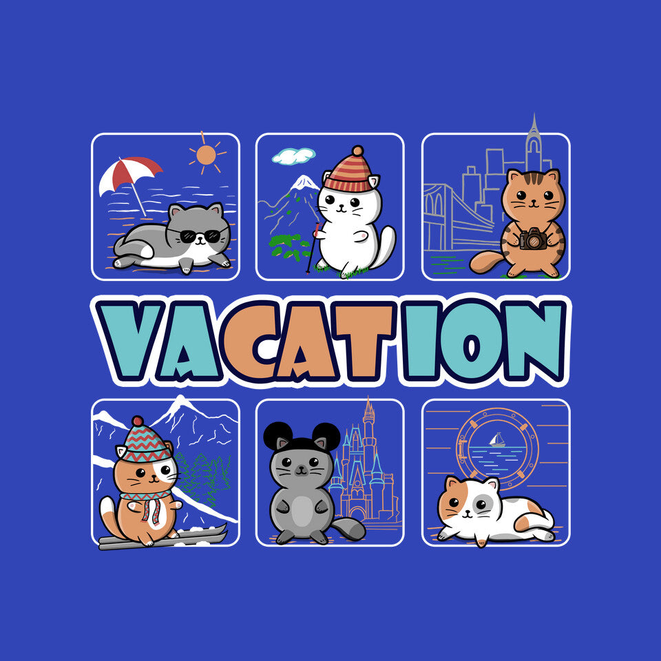 VaCATion – Cat Graphic T-Shirt design artwork for royal blue graphic T-shirt