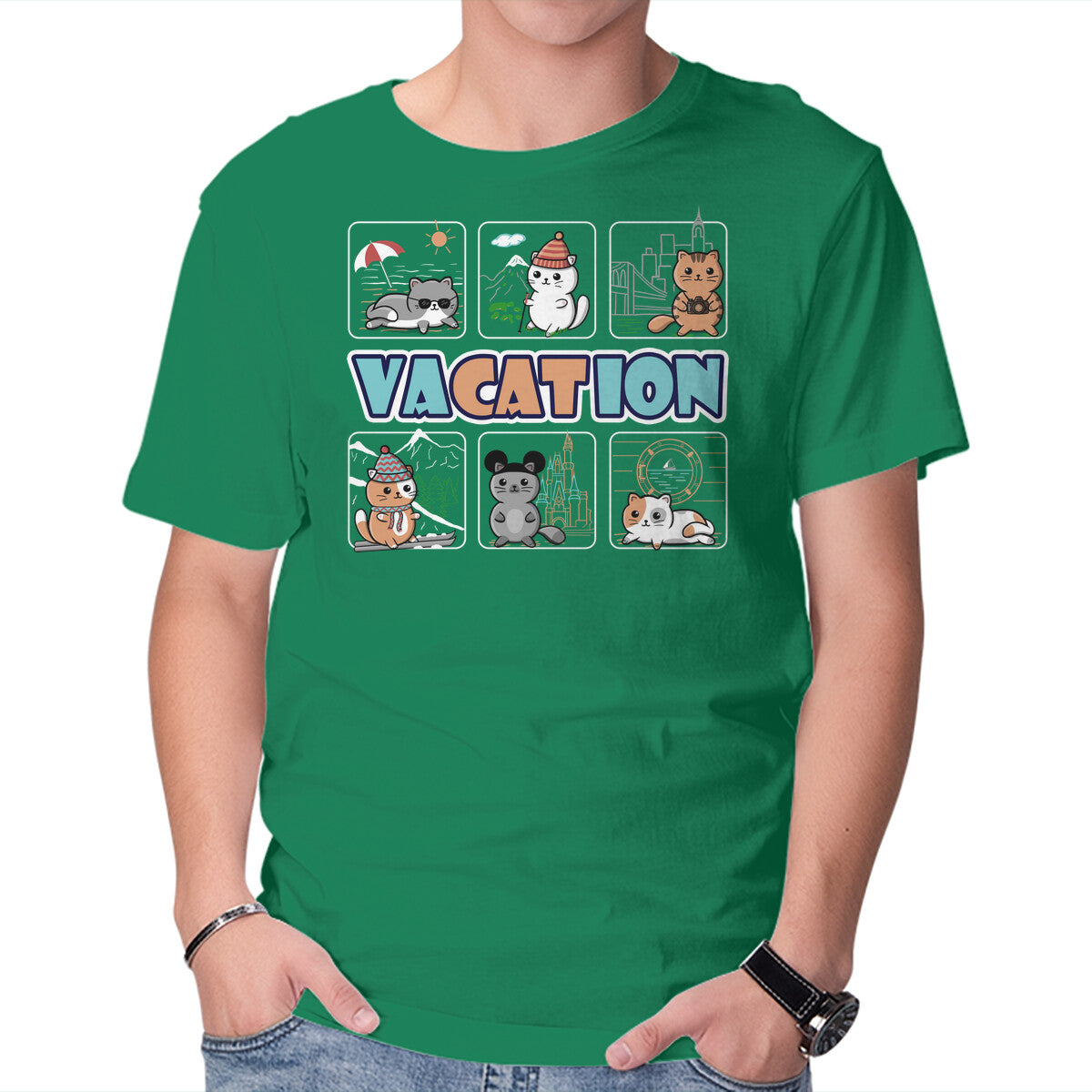 VaCATion – Cat Graphic T-Shirt in green, product display