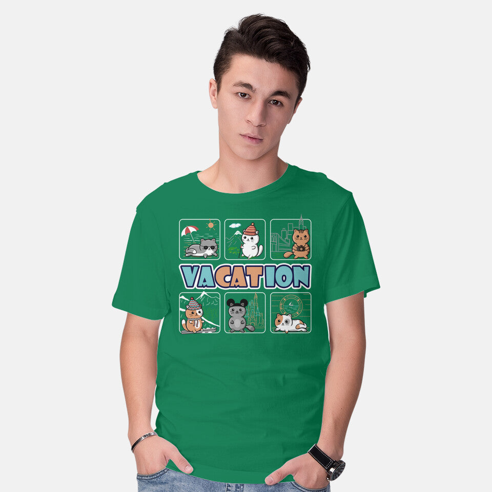 Model wearing green VaCATion – Cat Graphic T-Shirt