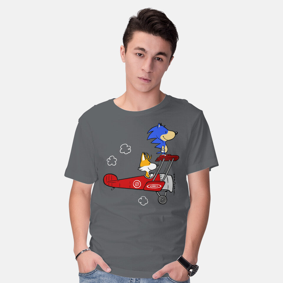Model wearing charcoal Blue Baron – Gaming Graphic T-Shirt