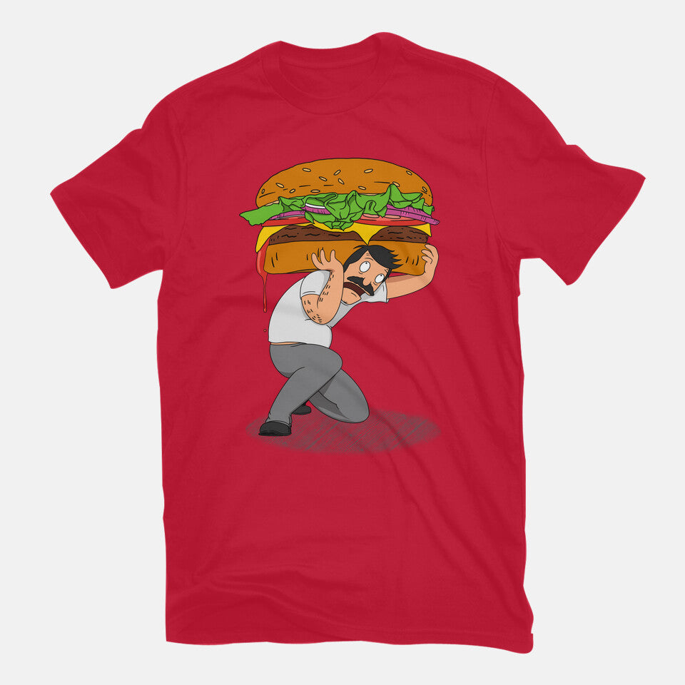 Bob Atlas – Funny Graphic T-Shirt in red, flat-lay product view