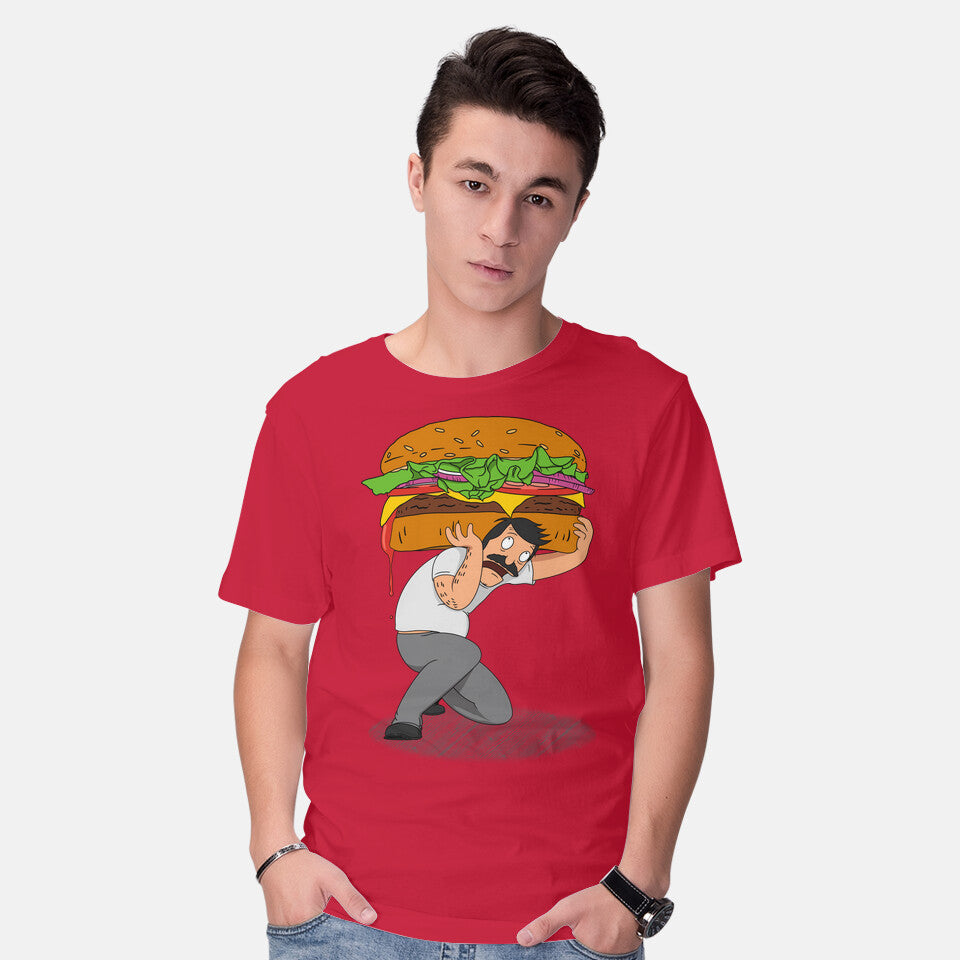Model wearing red Bob Atlas – Funny Graphic T-Shirt
